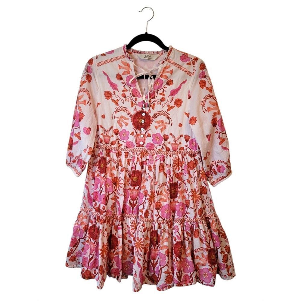 Label Ritu Kumar Pink & Rust Floral Tie-Neck Dress Size L